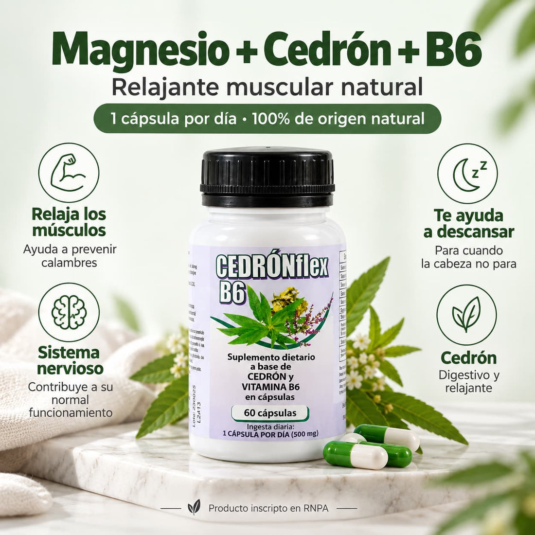 Magnesio + Cedrón + B6 · Relajante muscular natural